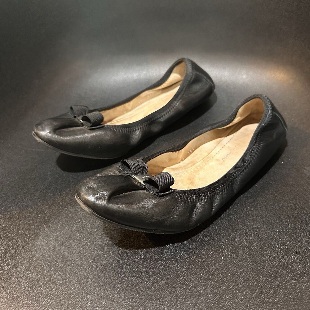 Salvatore Ferragamo Black Leather Ballet Flats Bow Round Toe Slip On Womens 8.5